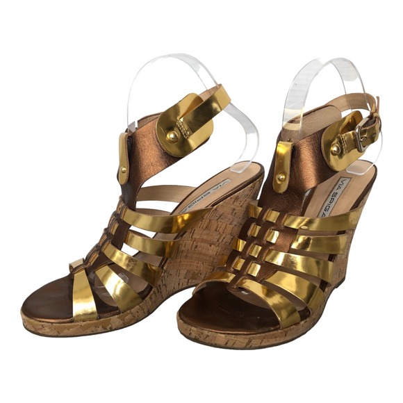 Via Spiga Bronze and Gold Leather Cork Wedge Heel Sandals Size‎ 8M - Picture 3 of 6